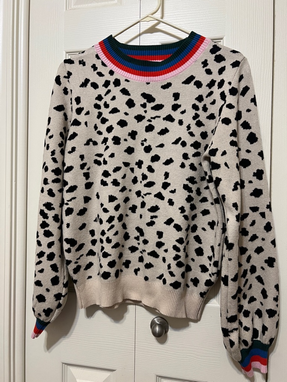 Fate Cream Dalmatian-Print Crewneck with Multicolor Rib Trim